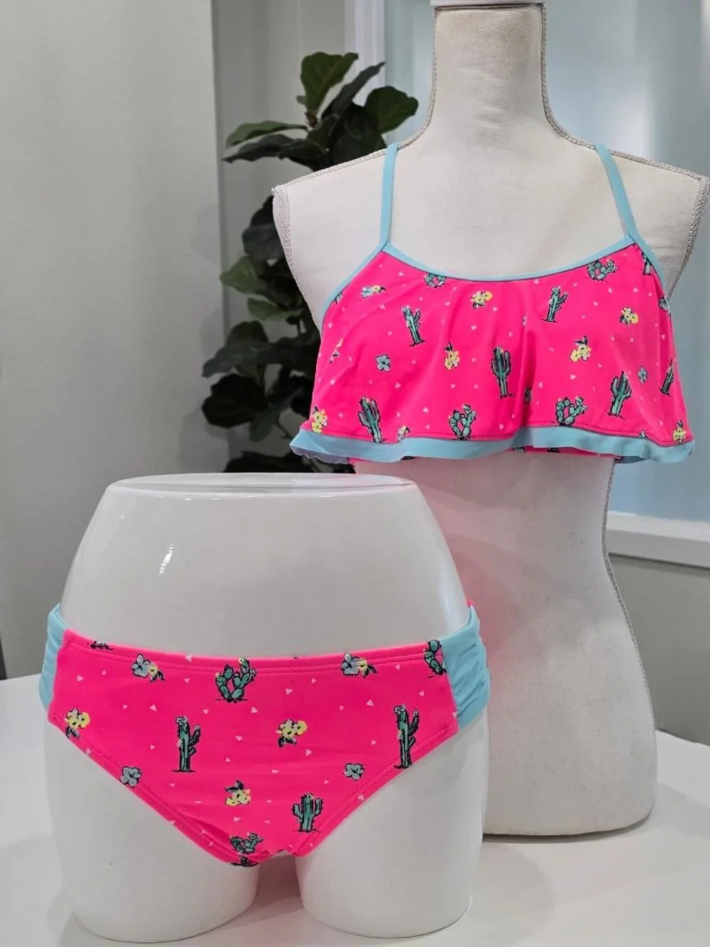 Justice ✦ Girls Racerback Tankini Ruched Bottoms Set ✦ Cactus Print Pink Blue 18